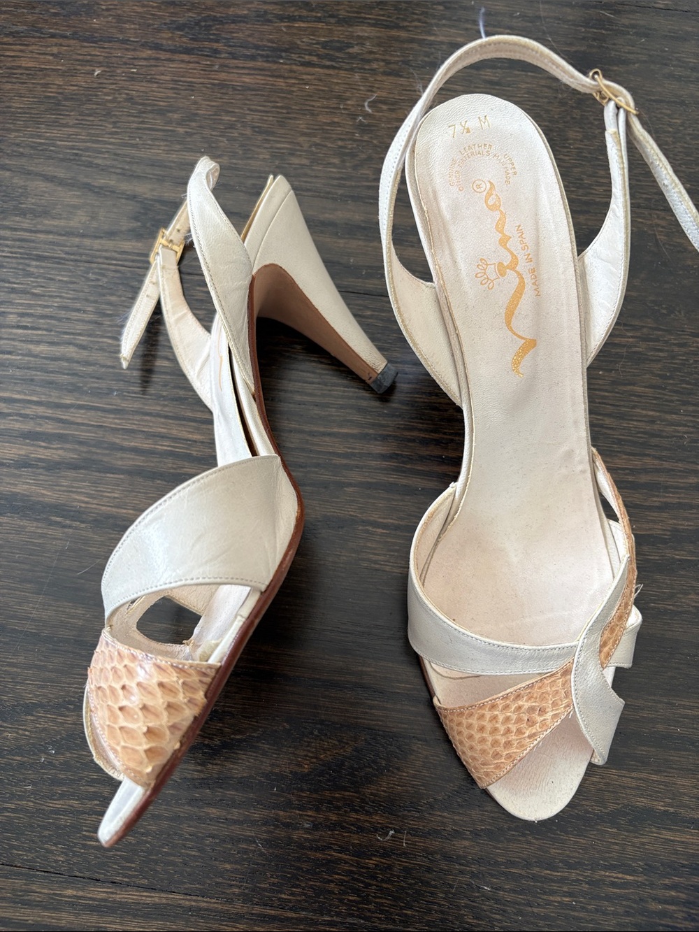 Nina Cream & Tan Textured Slingback Heels